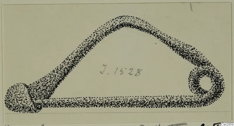 Stippled ink drawing of a bronze fibula from Idalion, arched bow with a coiled spring at one end