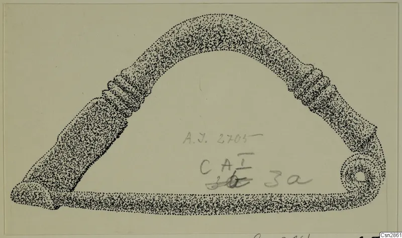 Drawing of a bronze personal adornment, an arched pin-type object with ribbed sections and a coiled end.