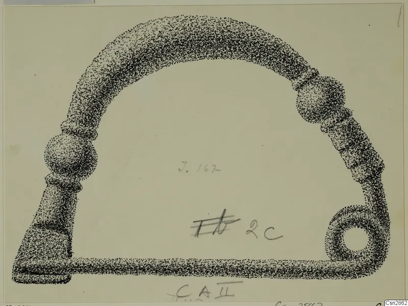 Drawing of a bronze personal adornment from Idalion, a bowed bar with two knobs and a looped terminal