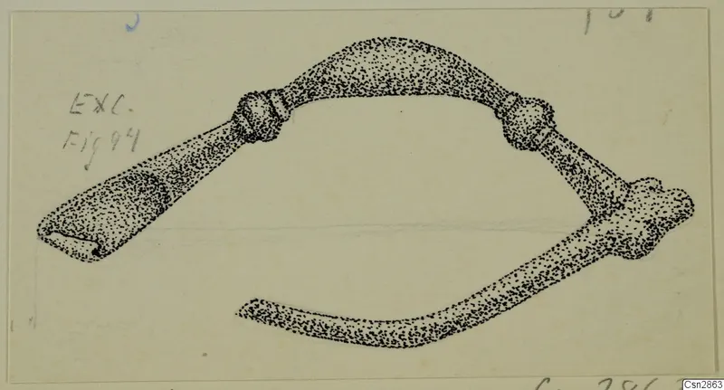 Stippled ink drawing of a bronze fibula, type I.