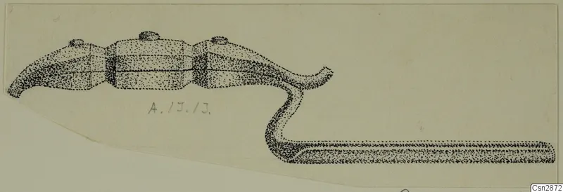 Stippled drawing of a bronze personal adornment with three bulging segments and a long curved arm.