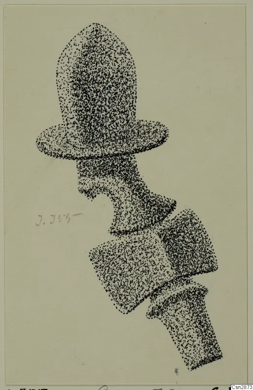 Stippled drawing of a bronze object with a domed top, a flat flange and angular segments, from Idalion