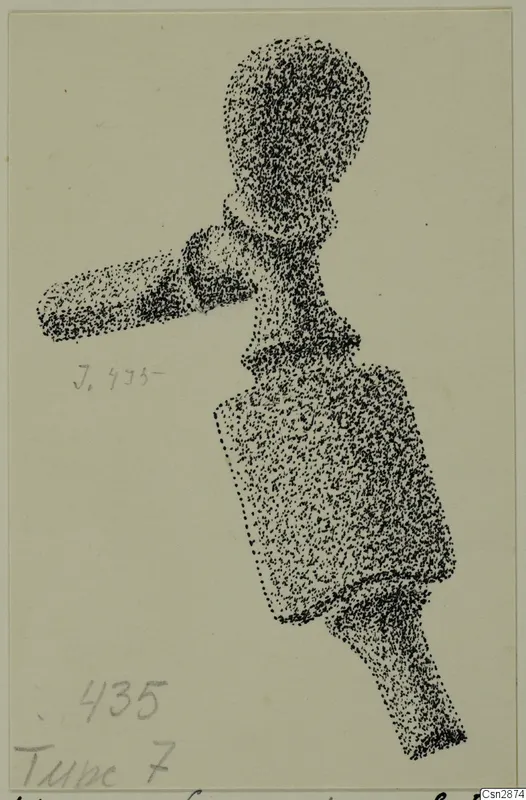 Stippled ink drawing of a bronze fibula from Idalion, shown on a pale card