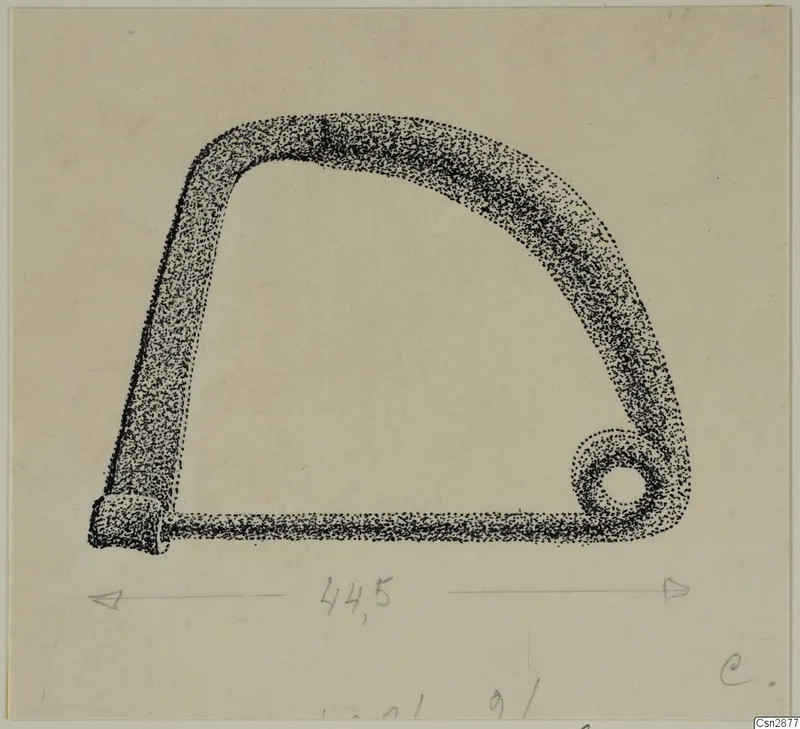 Drawing of a bronze bow-shaped personal adornment with a small loop at one end and a flattened terminal at the other.