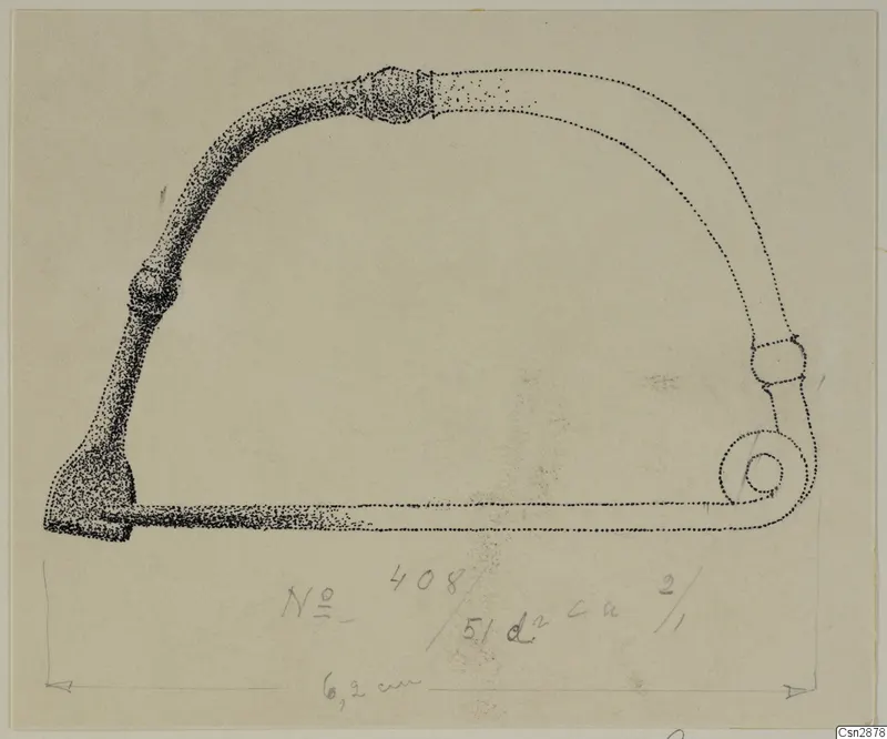 Drawing of a bronze object shaped like a bow or arch with a spiral end, with a dimension line below.
