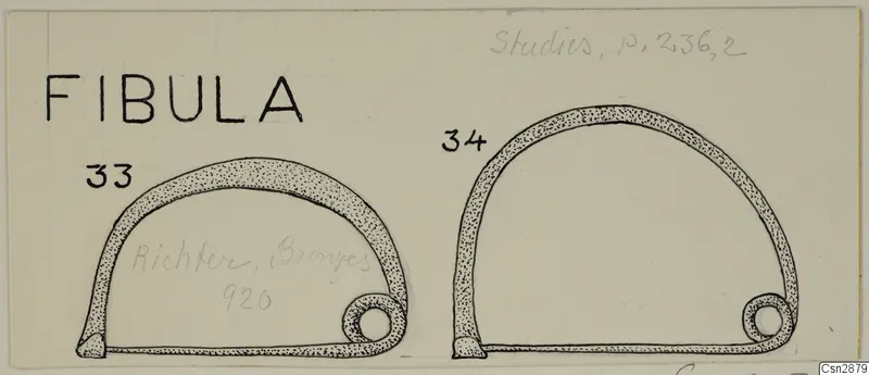 Drawing of two bronze personal adornments with arched bows and coiled ends, side by side on card.