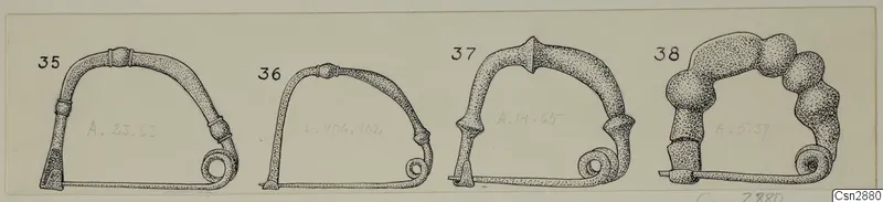 Ink drawing of four bronze pins with arched bows and spiral coils, set side by side on a card.