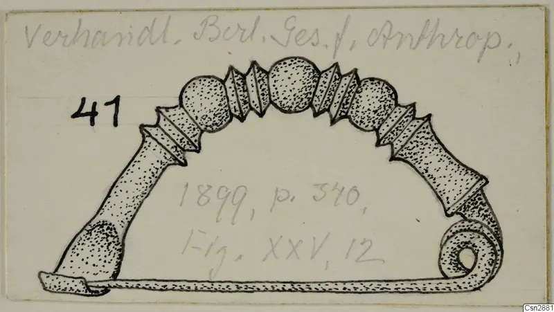 Pen drawing of a bronze bow-shaped object with knobs, ridged collars and a coiled spiral end