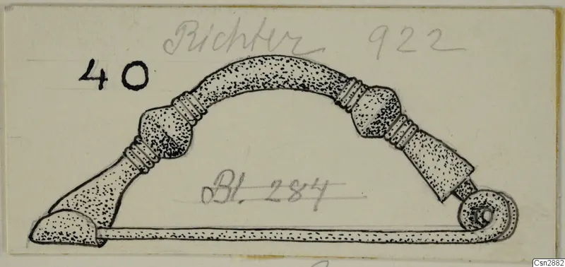 Ink drawing of a bronze bow-shaped object with ribbed bands, knobs and a coiled spring at one end