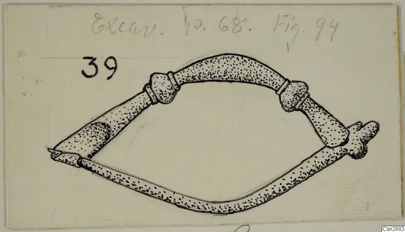 Drawing of a bronze personal adornment: an open bow-shaped object with knobbed joints and pointed ends