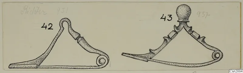 Drawing of two bronze brooches, one with a plain bow and one with a knobbed head and notched bow, each ending in a spiral coil