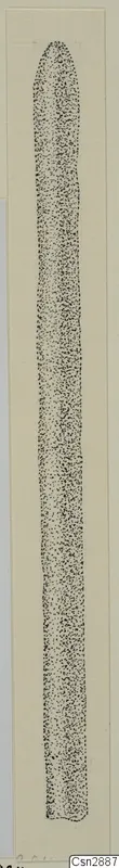 Drawing of a single elongated bronze object, shaded with dense stippling, shown upright on a cream sheet