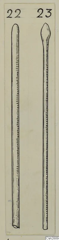 Pen drawing of two long slender pins side by side, each marked with a number label