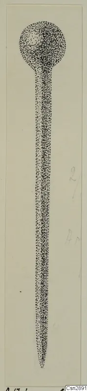 Stippled drawing of a bronze pin from Amathus, with a round head and a long tapering shaft