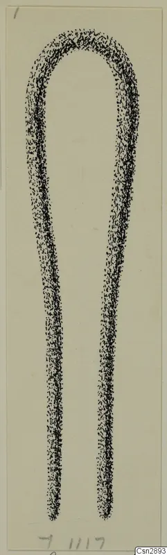 Stippled drawing of a U-shaped bronze personal adornment with two long, slightly tapering arms