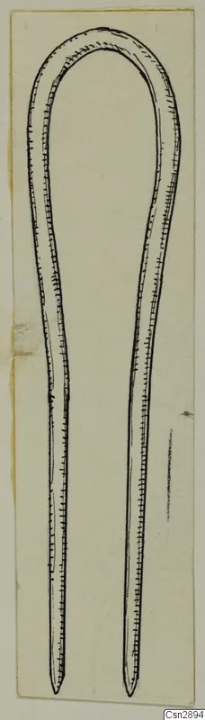 Drawing of a bronze pin with a rounded loop at the top and two pointed prongs.