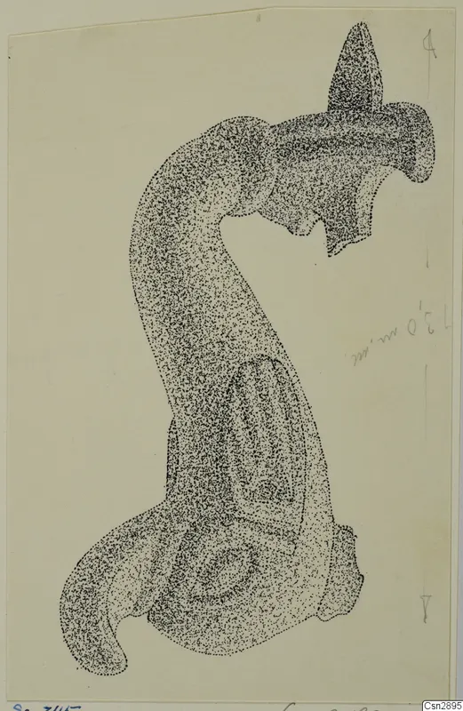 Stippled drawing of a bronze personal adornment from Soli, with a curved arm and flared head