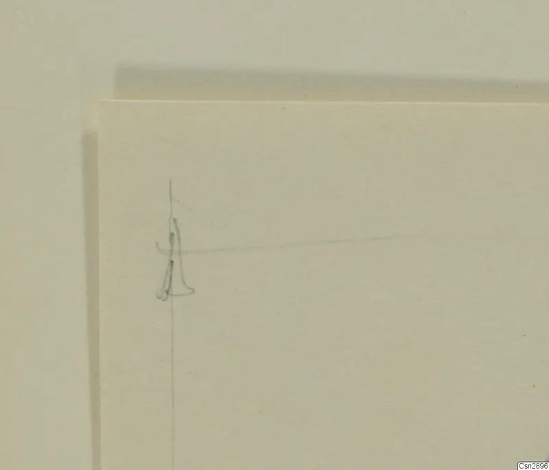 Faint pencil sketch of a small upright figure on a cream sheet of paper, with a thin guideline beside it.