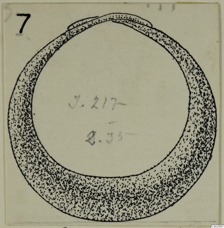 Ink drawing of a bronze ring-shaped bracelet with overlapping ends