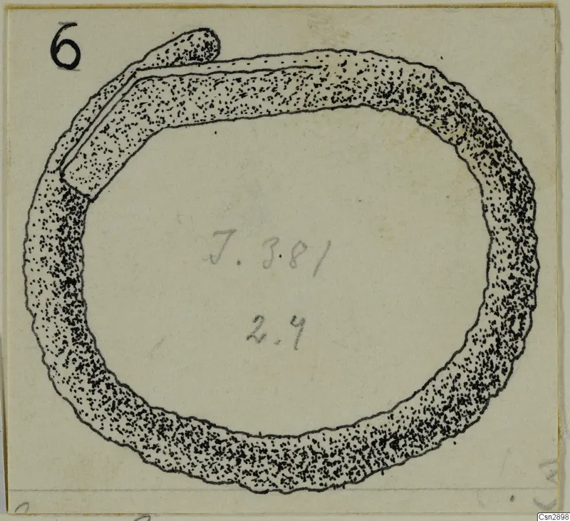 Drawing of a bronze ring with a knobbed end, on a plain card