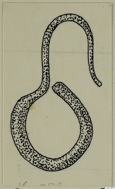 Ink drawing of a bronze personal adornment: a looped band with an upturned hooked end.