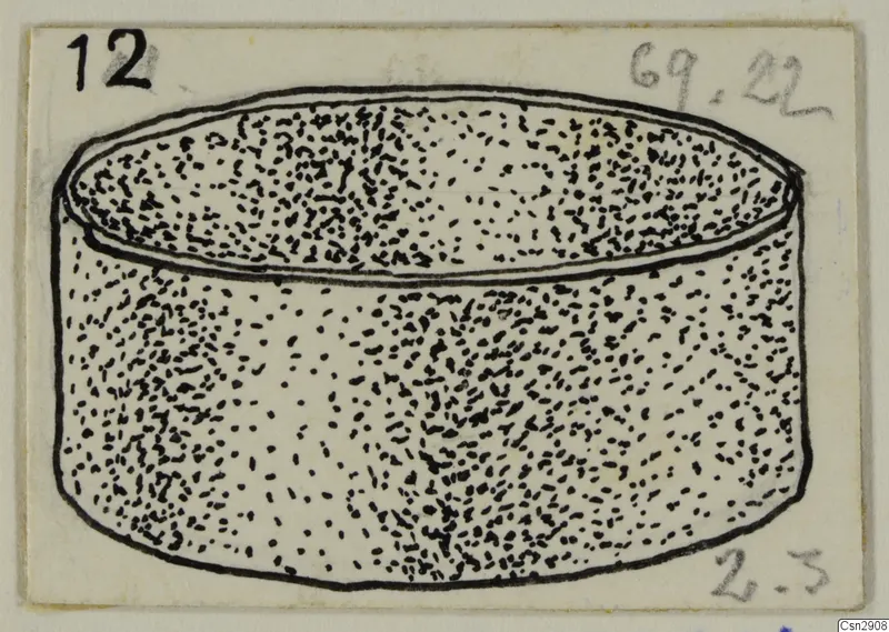 Ink drawing of a short cylindrical bronze object, shaded with stippling on a small card
