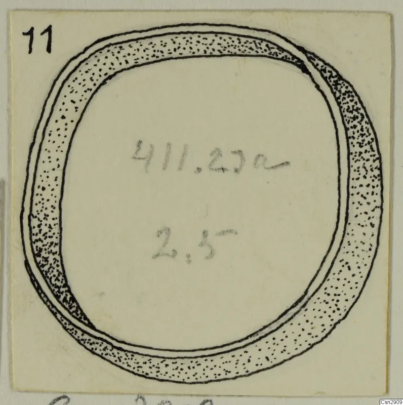 Drawing of a ring-shaped bronze object with a thick, stippled band, on a cream card.