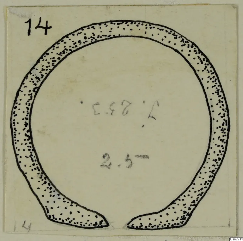 Drawing of an open bronze finger ring from Idalion, shaded with dense stippling and tapering at the gap.