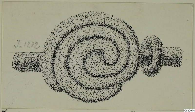 Stippled pen drawing of a bronze spiral-headed ornament with a long bar to one side.