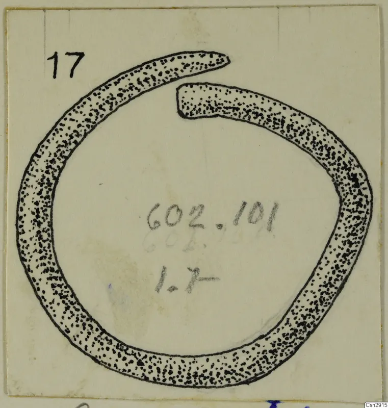 Drawing of a bronze open ring with a gap at the top, shaded with dots to show a solid section.