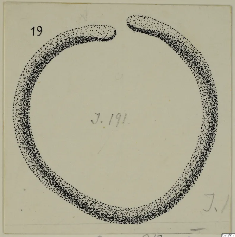Drawing of a bronze ring-shaped object with a gap at the top, shaded in stippled ink.