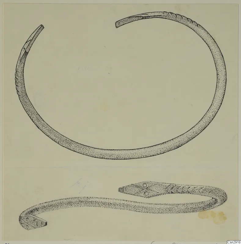 Drawing of two bronze bracelets, one an open ring and one with a head at each end.