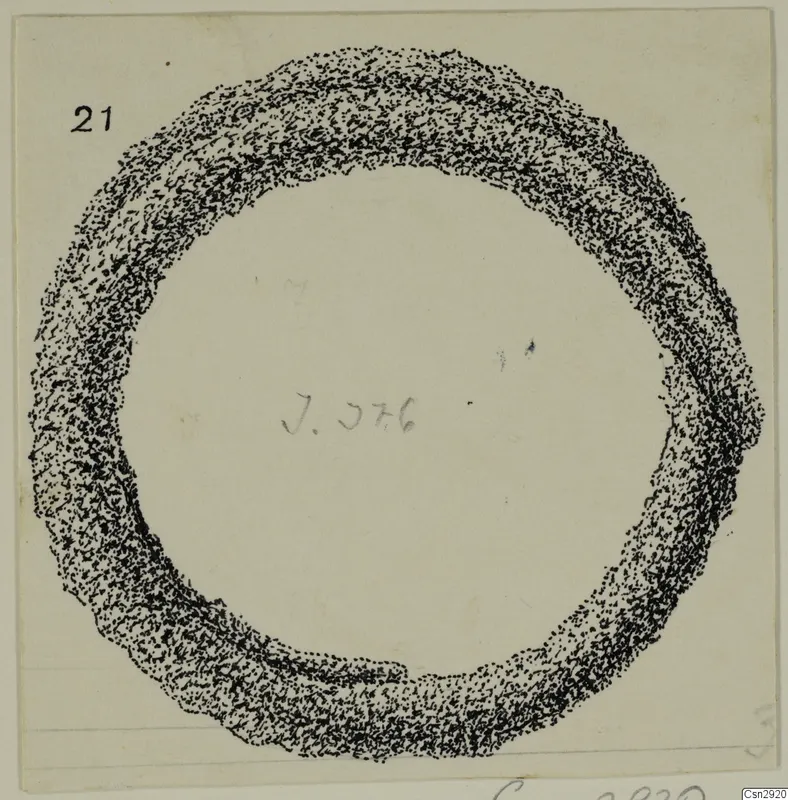 Stippled ink drawing of a bronze ring with an uneven outer edge and a pencilled label in the centre.