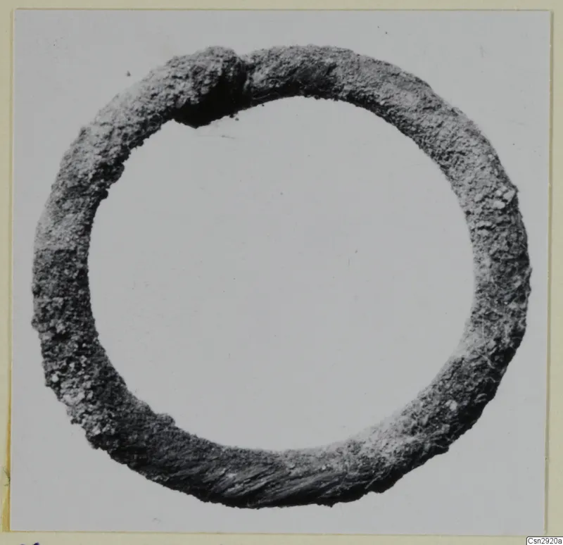 Corroded bronze ring photographed against a plain pale background
