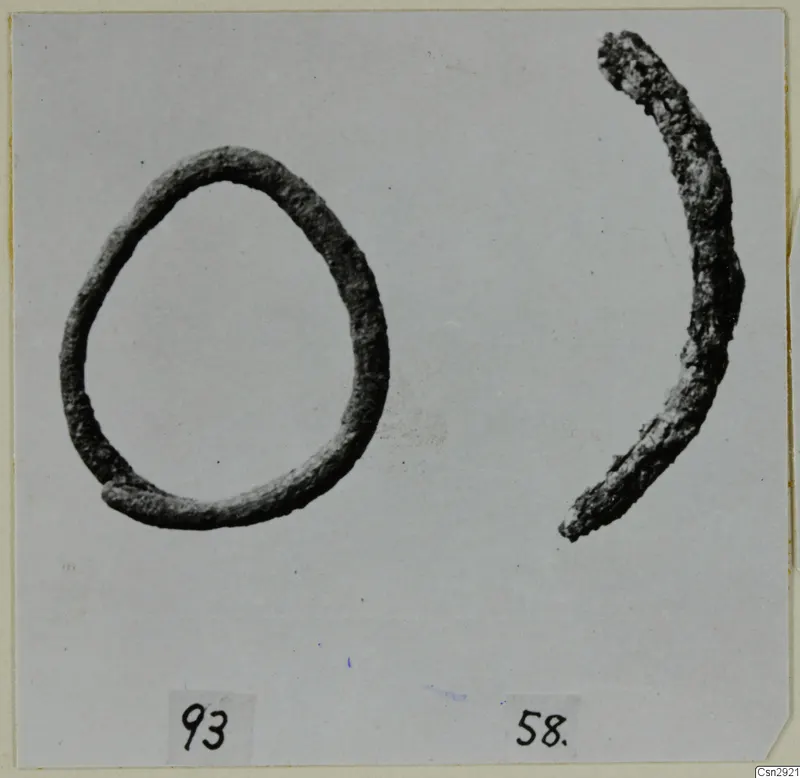 Two corroded bronze objects from Ayios Iakovos: a closed ring and a curved fragment, each beside a number label