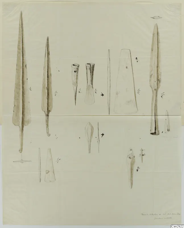 Drawing of spearheads, tools and pins laid out in rows, with scale fractions written beside them.