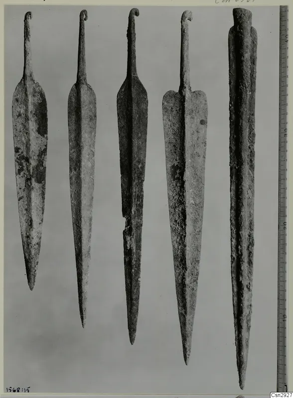 Five corroded metal blades with pointed tips and narrow tangs, photographed side by side against a grey backdrop.