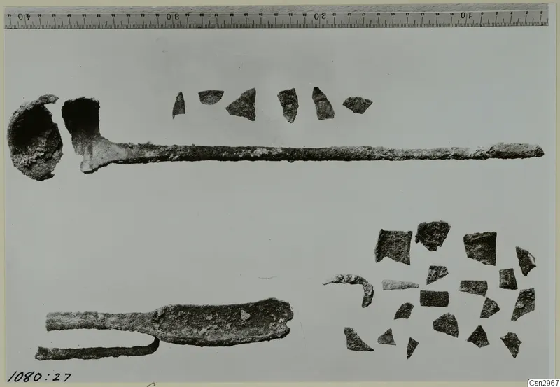 Corroded iron objects and small dark fragments laid out on a pale ground, with a centimetre ruler along the top edge