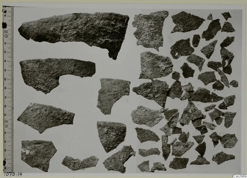Sherds and fragments of pottery laid out on a pale grey board, with a measuring ruler along the left edge