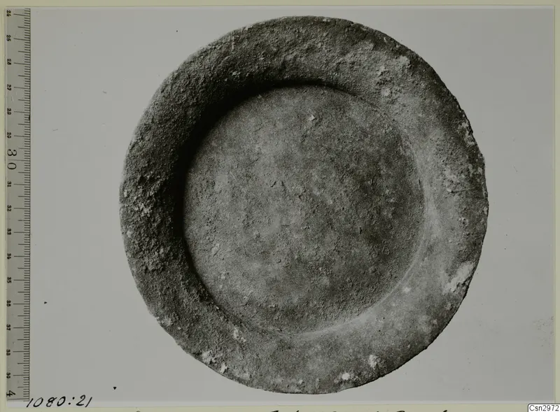 Shallow round bowl with a thick rim, seen from above, beside a graduated ruler.