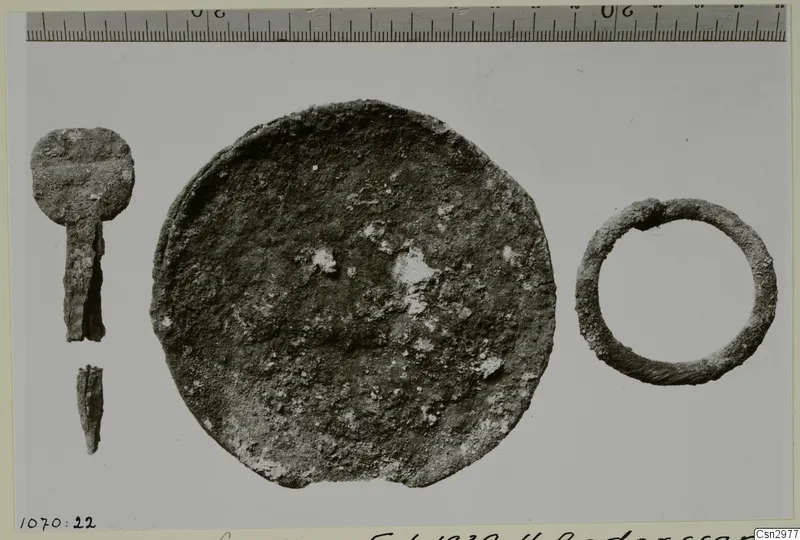 Corroded metal objects: a pin-like object with a short fragment, a large round disc and a ring, with a scale ruler above