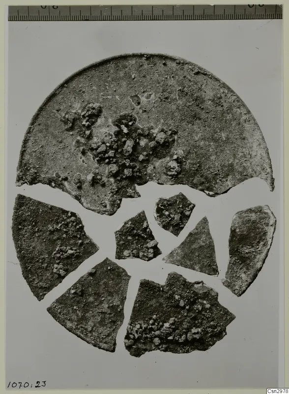 Broken fragments of a corroded circular disc on a pale background, with a measuring ruler along the top edge