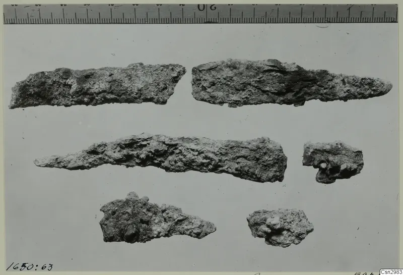 Six corroded metal fragments laid out before conservation, with a measuring ruler along the top edge