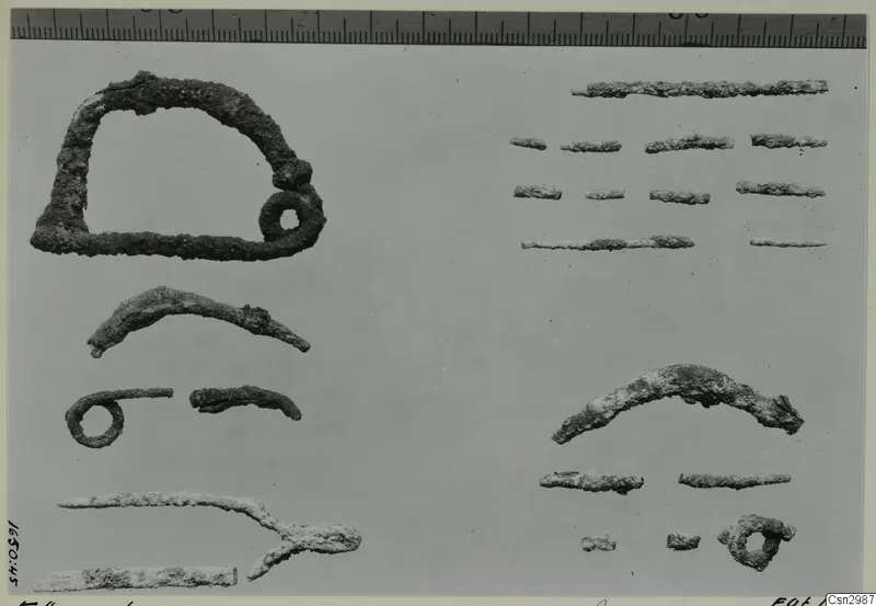 Several corroded metal objects on a grey surface: a large open frame, curved rods, small rings and short fragments