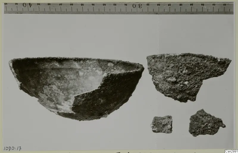 Bowl and three sherds laid out on a plain background, with a measuring ruler along the top edge