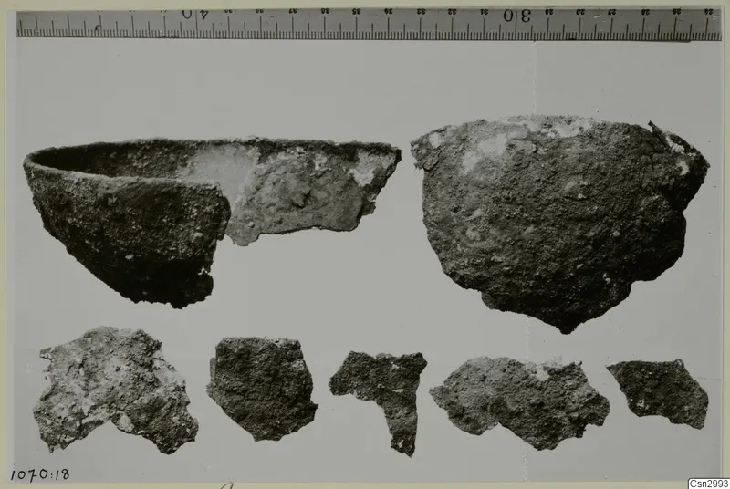 Two broken pottery vessels and five sherds laid out in a row, with a printed ruler along the top edge.