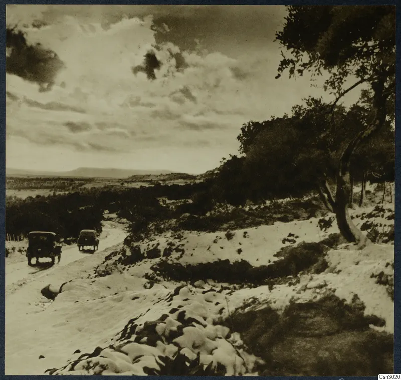 Snow-covered road with two vehicles driving past trees and hills near Kyrenia