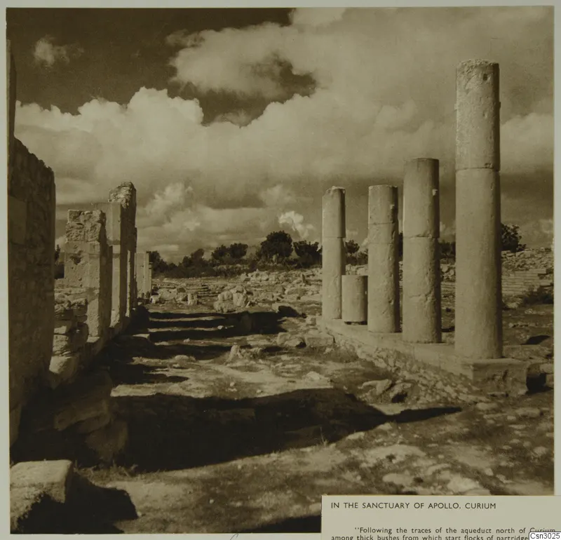 Column drums and a stone wall in the sanctuary of Apollo at Curium, under a cloudy sky
