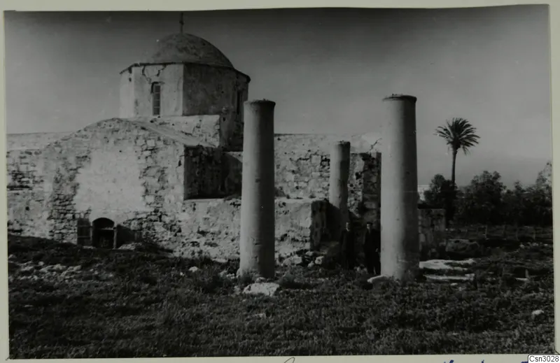 Domed stone building with tall column drums and a palm tree, at Paphos