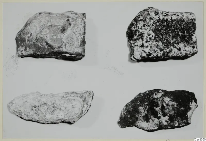 Fragments of stone tools: four rough stone pieces, two pale and two dark, on a pale background